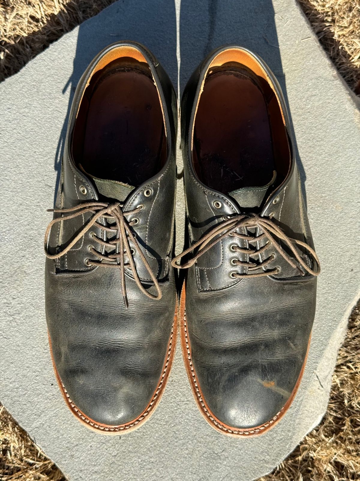 Photo by yeolderoberto on January 1, 2024 of the Viberg Derby Shoe in C.F. Stead Military Green Waxed Kudu.