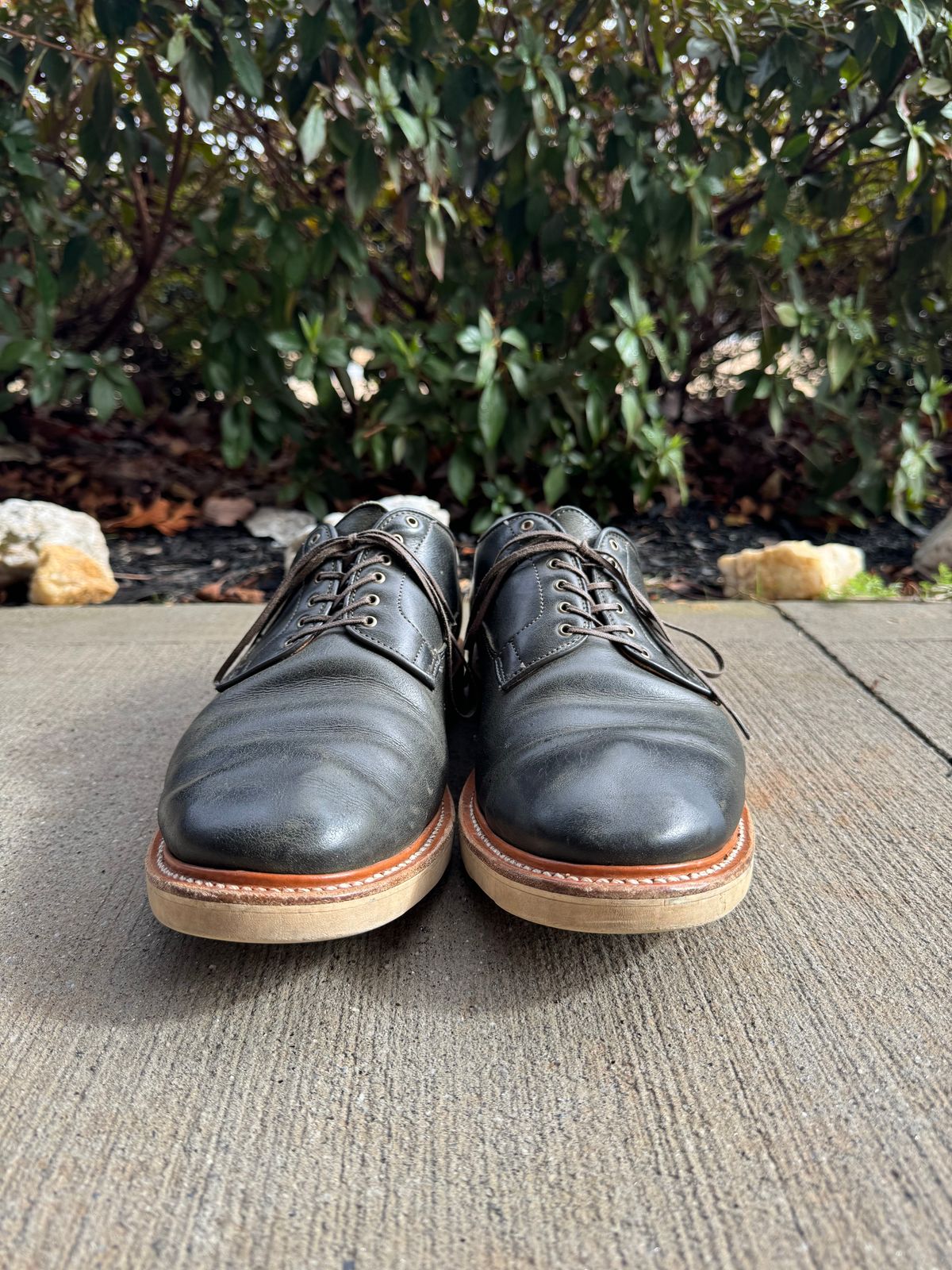 Photo by yeolderoberto on March 2, 2024 of the Viberg Derby Shoe in C.F. Stead Military Green Waxed Kudu.