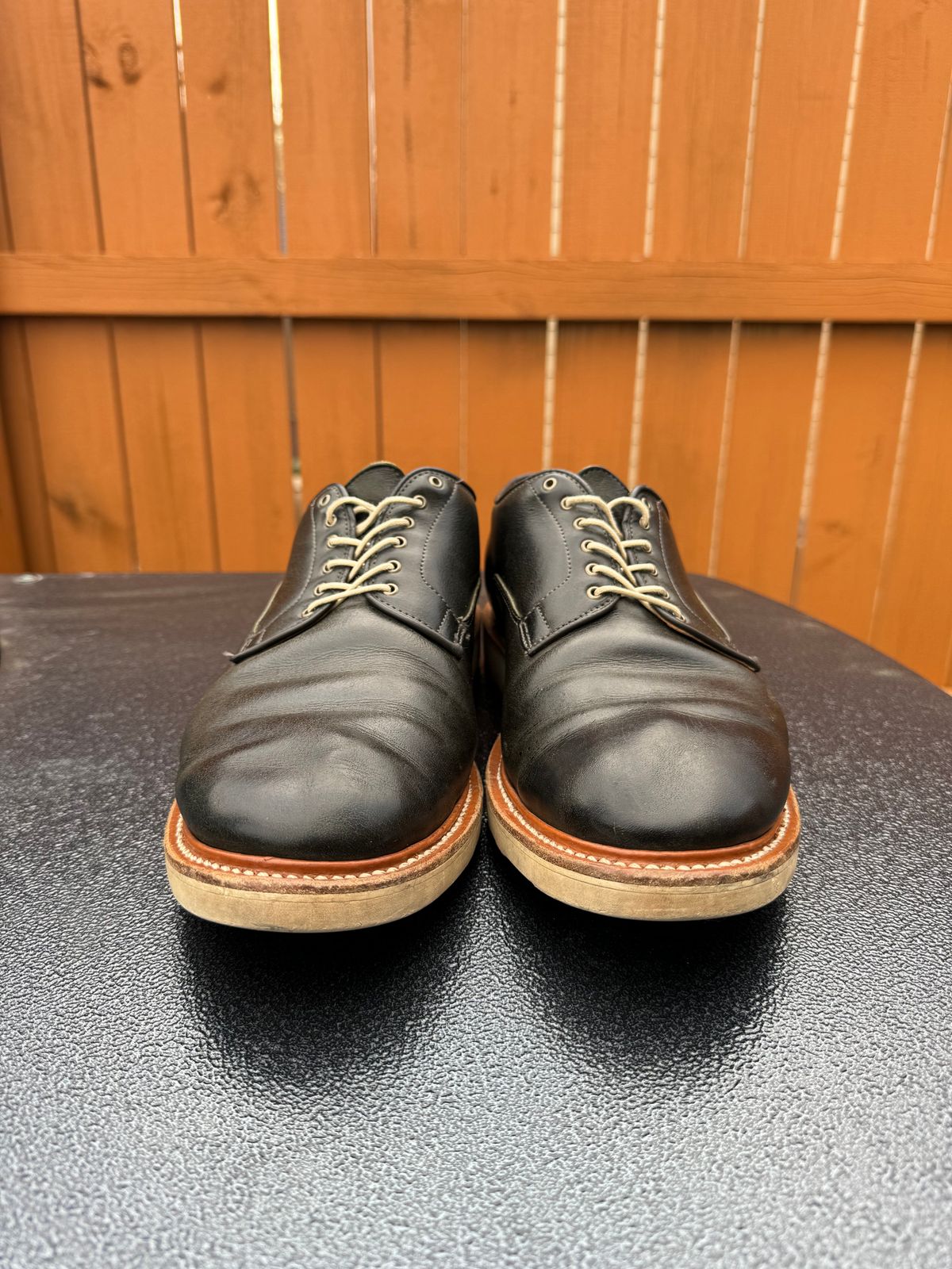 Photo by yeolderoberto on April 2, 2024 of the Viberg Derby Shoe in C.F. Stead Military Green Waxed Kudu.