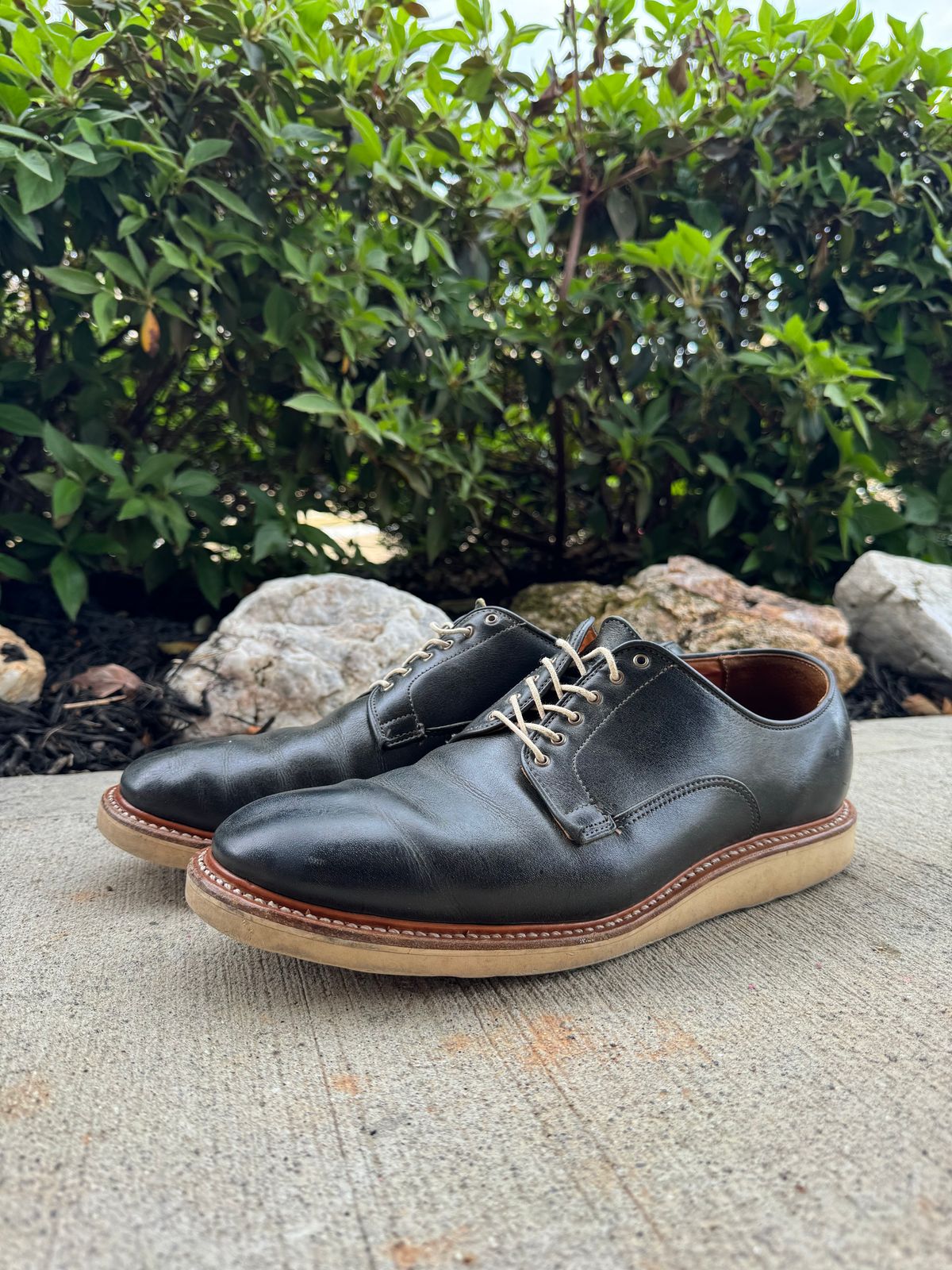 Photo by yeolderoberto on April 2, 2024 of the Viberg Derby Shoe in C.F. Stead Military Green Waxed Kudu.