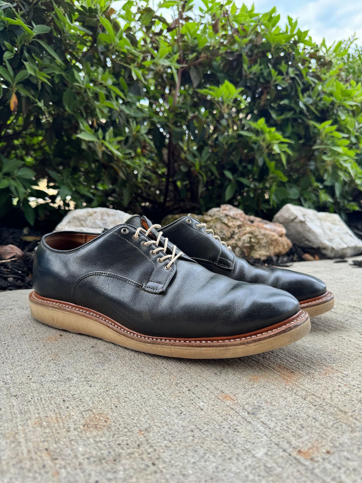 Photo by yeolderoberto on April 2, 2024 of the Viberg Derby Shoe in C.F. Stead Military Green Waxed Kudu.