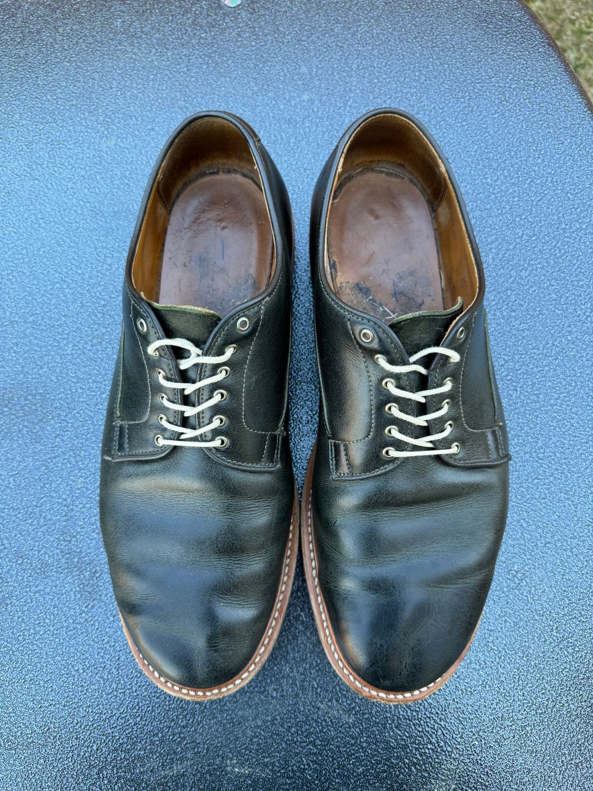 Photo by yeolderoberto on April 2, 2024 of the Viberg Derby Shoe in C.F. Stead Military Green Waxed Kudu.