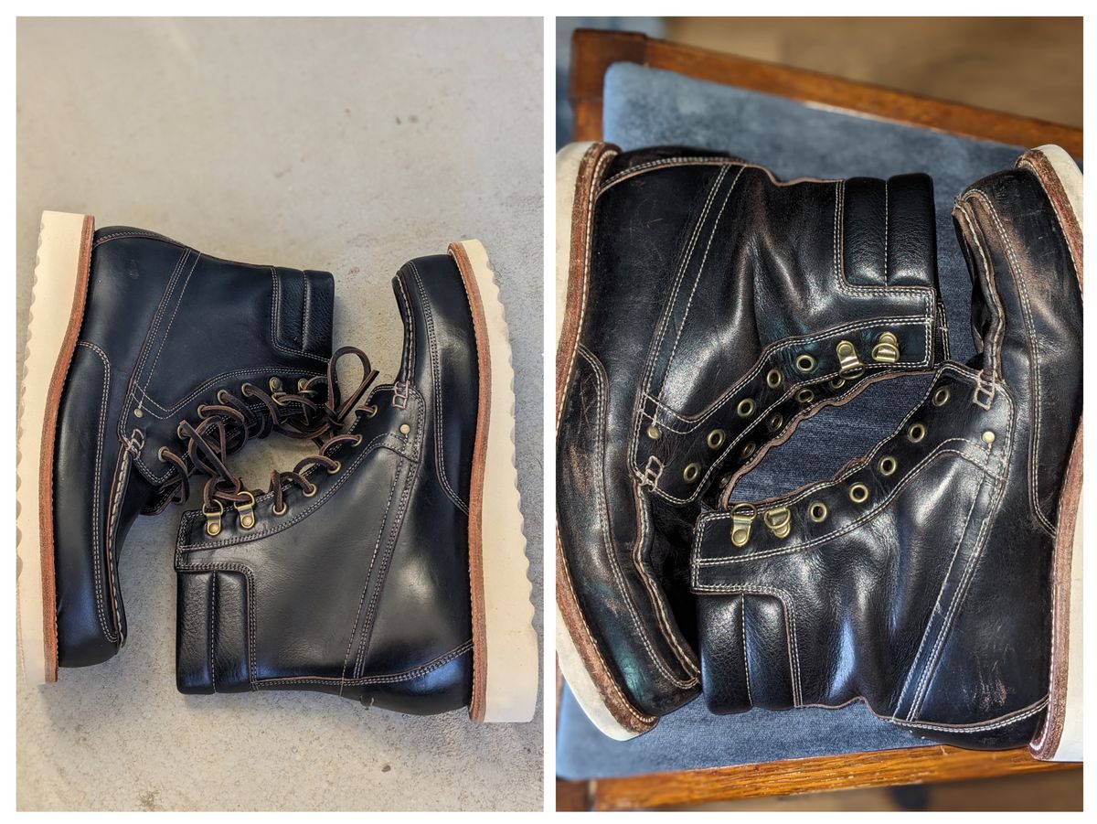 Photo by sunnypizzle on April 5, 2025 of the Grant Stone Field Boot in Horween Black Chromexcel.