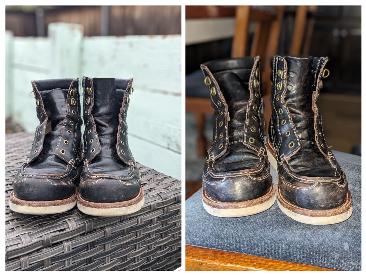 Photo by sunnypizzle on April 5, 2025 of the Grant Stone Field Boot in Horween Black Chromexcel.