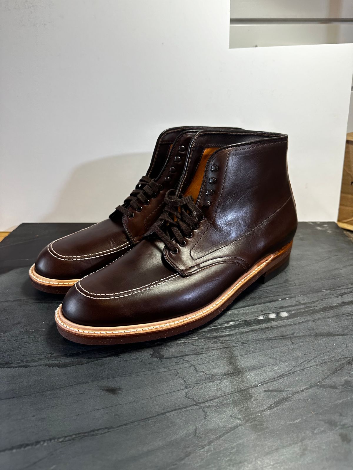 Photo by drtx on October 1, 2023 of the Alden Indy Boot in Horween Brown Chromexcel.
