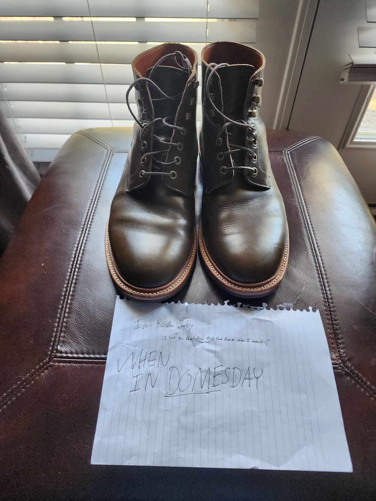 Photo by sasquatch on November 5, 2024 of the Grant Stone Diesel Boot in Horween Dark Olive Chromexcel.