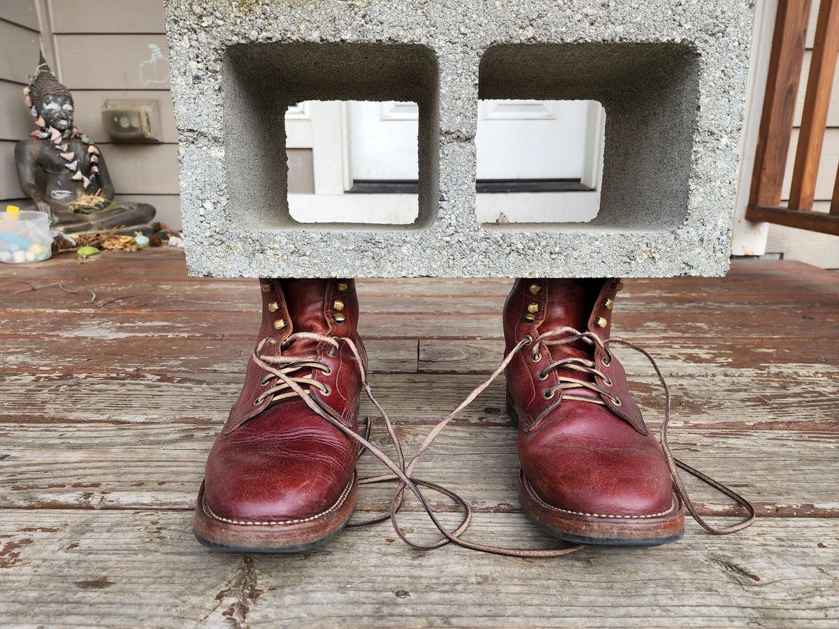 Photo by 2313499 on May 5, 2022 of the Midas Service Boot in Shinki Burgundy Oiled Horsebutt.