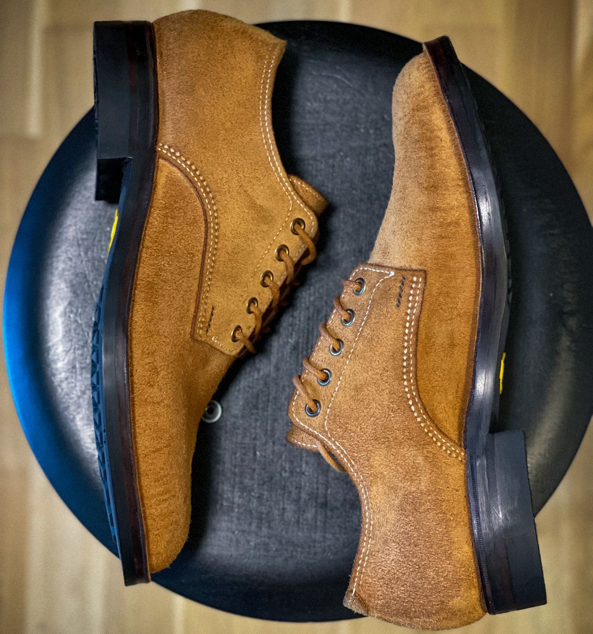 Photo by t4.tillerman on October 2, 2023 of the Tee Four Tillerman / Self-made T1 in Badalassi Carlo Cognac Wax Pull-Up Roughout.