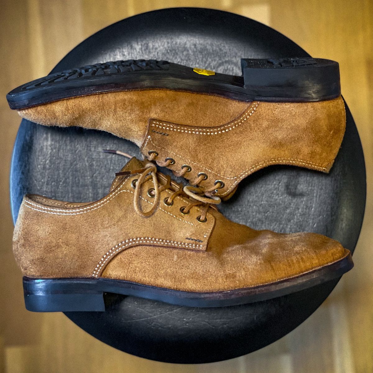 Photo by t4.tillerman on November 5, 2023 of the Tee Four Tillerman / Self-made T1 in Badalassi Carlo Cognac Wax Pull-Up Roughout.