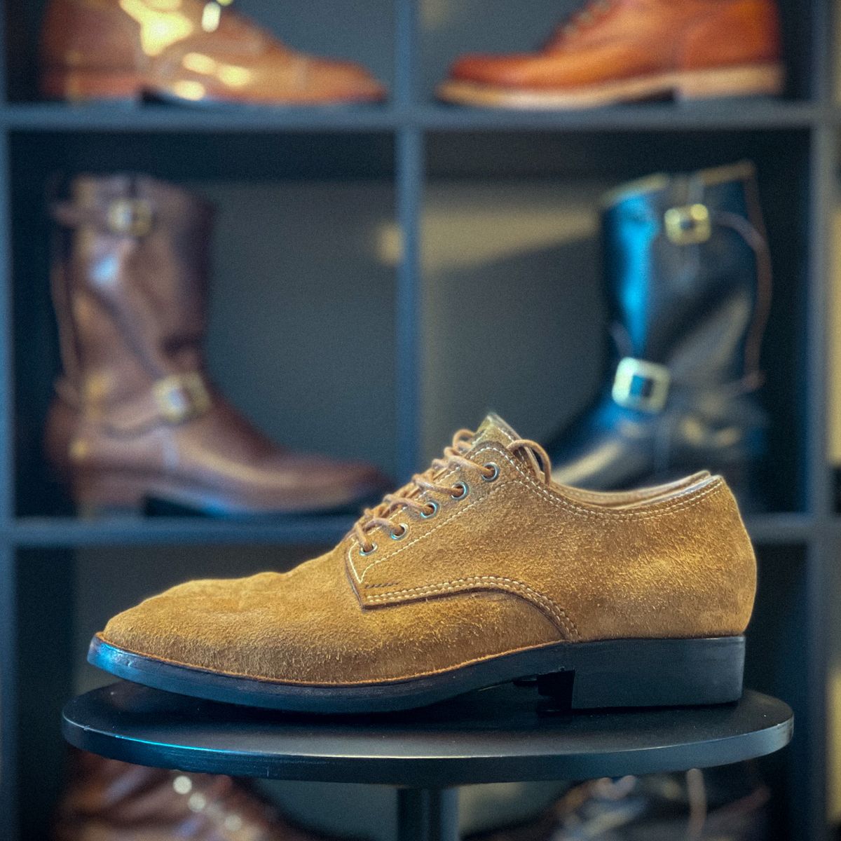 Photo by t4.tillerman on December 5, 2023 of the Tee Four Tillerman / Self-made T1 in Badalassi Carlo Cognac Wax Pull-Up Roughout.