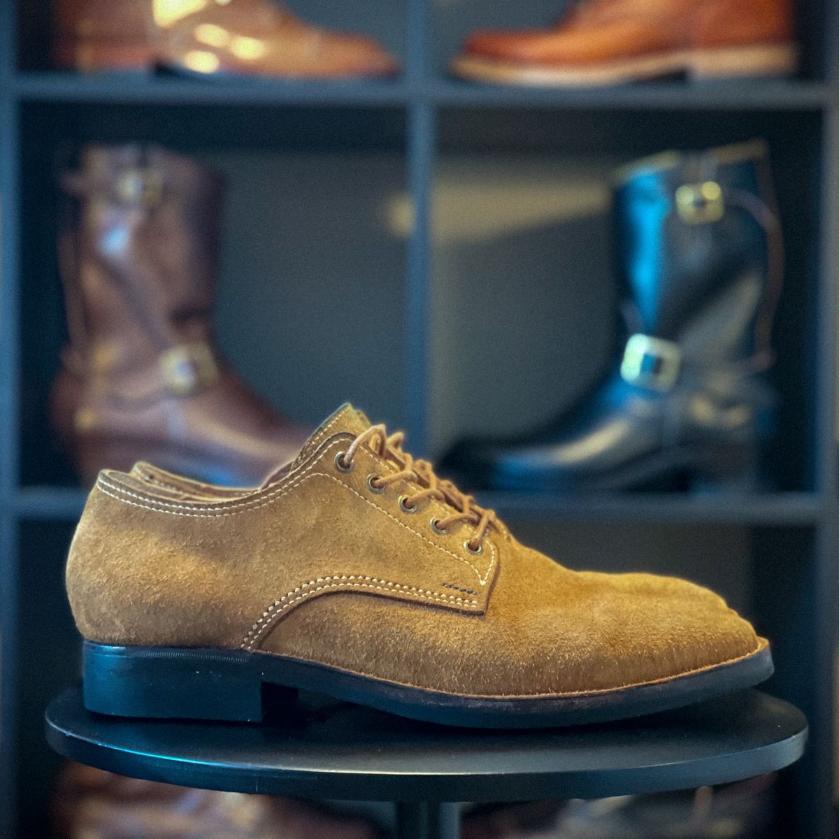 Photo by t4.tillerman on December 5, 2023 of the Tee Four Tillerman / Self-made T1 in Badalassi Carlo Cognac Wax Pull-Up Roughout.