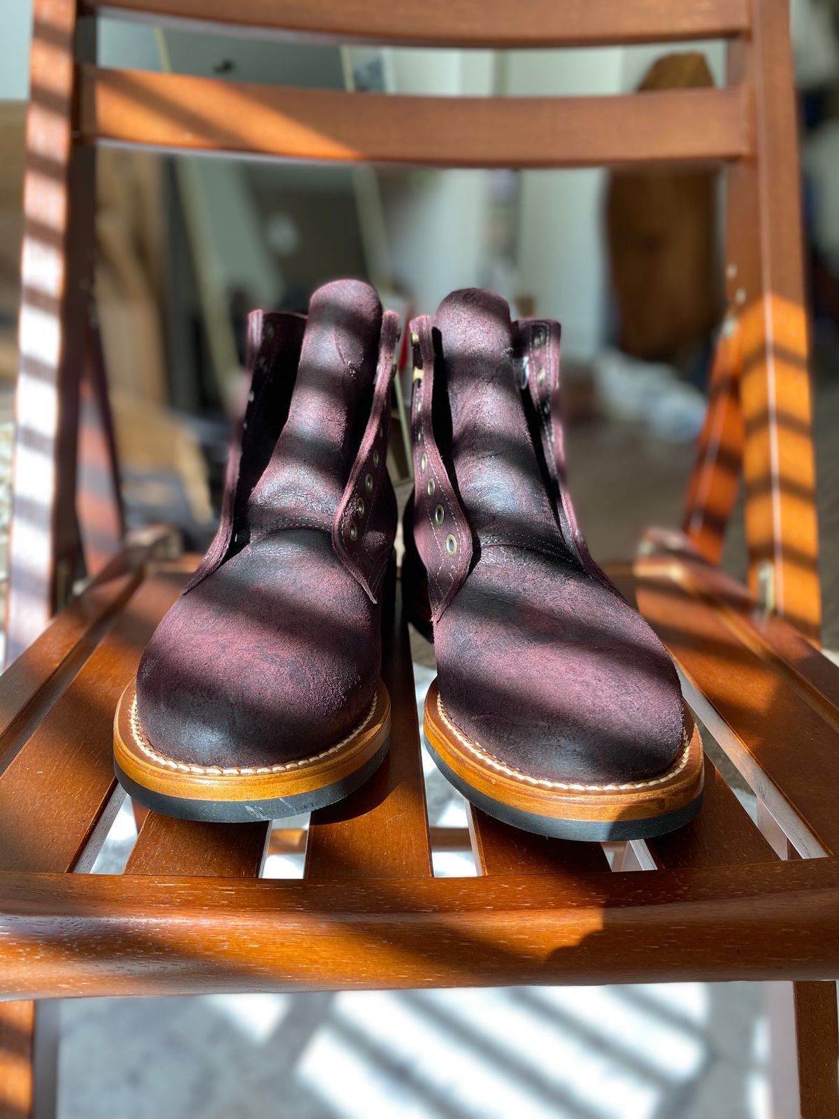 Photo by miguel__dominic on November 1, 2025 of the Truman Plain Toe Boot in C.F. Stead Garnet Rambler.