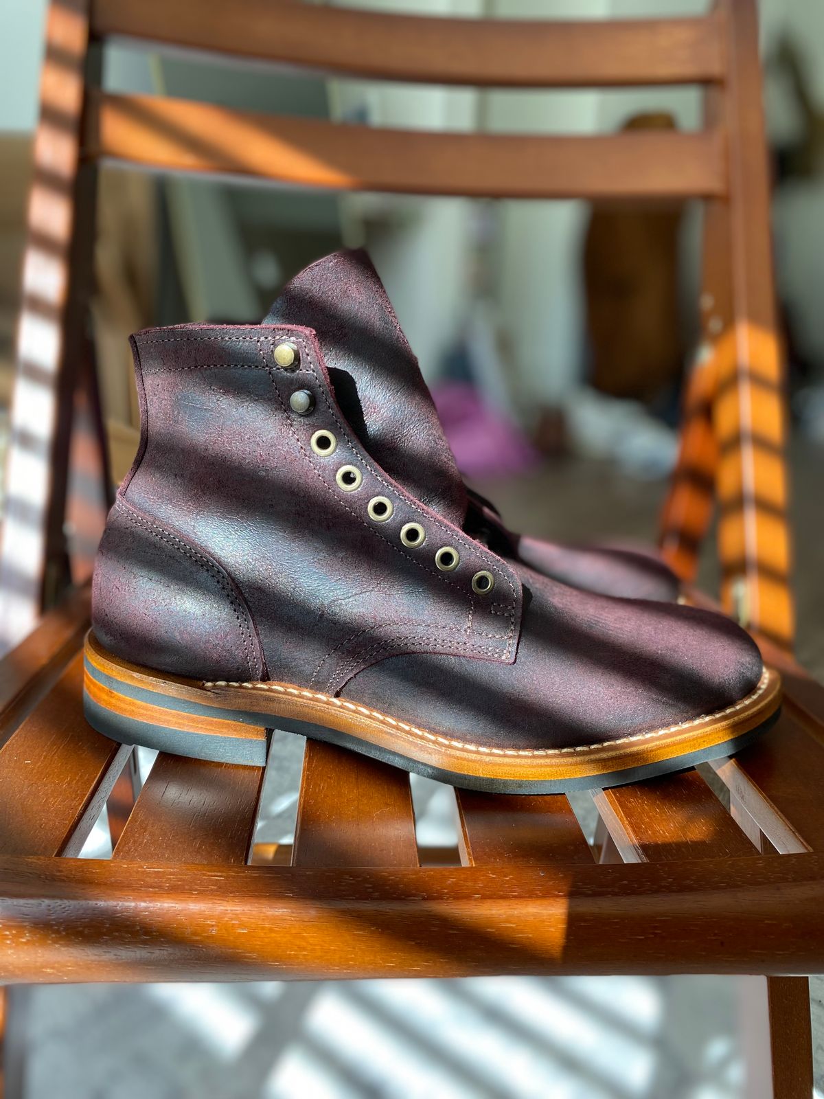 Photo by miguel__dominic on November 1, 2025 of the Truman Plain Toe Boot in C.F. Stead Garnet Rambler.