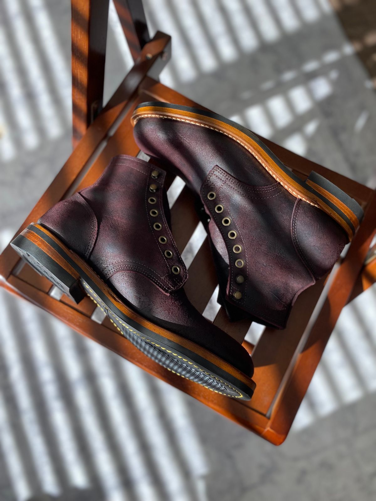 Photo by miguel__dominic on November 1, 2025 of the Truman Plain Toe Boot in C.F. Stead Garnet Rambler.