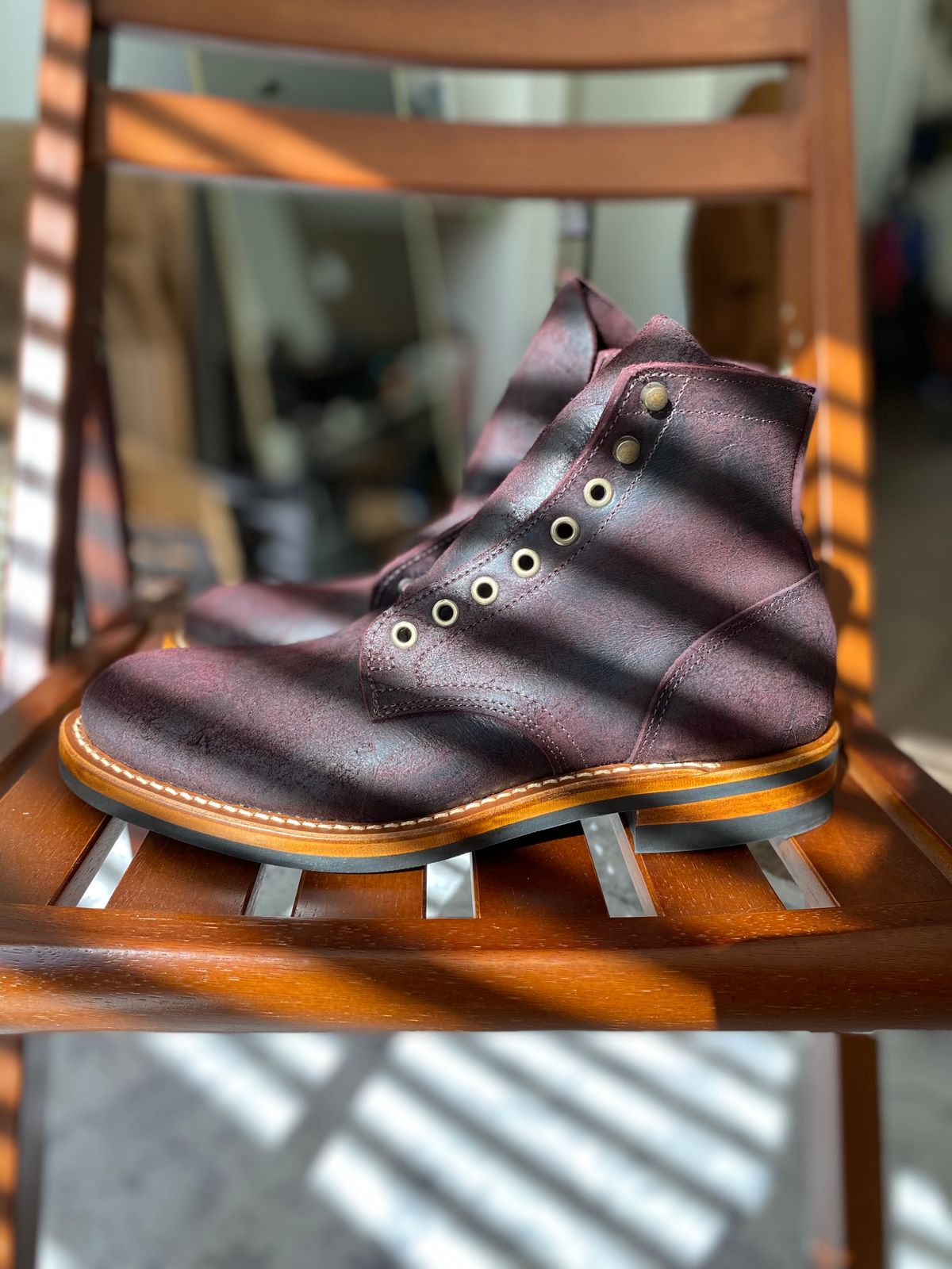 Photo by miguel__dominic on November 1, 2025 of the Truman Plain Toe Boot in C.F. Stead Garnet Rambler.