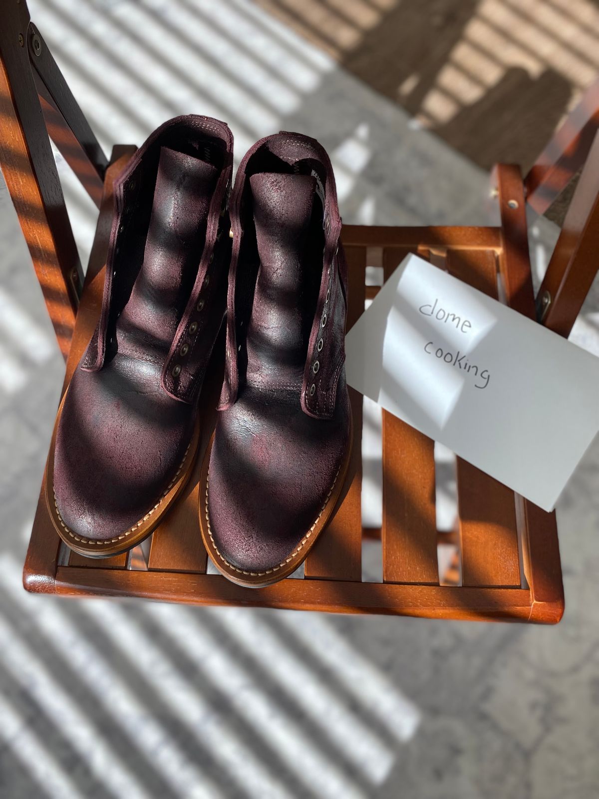 Photo by miguel__dominic on November 1, 2025 of the Truman Plain Toe Boot in C.F. Stead Garnet Rambler.