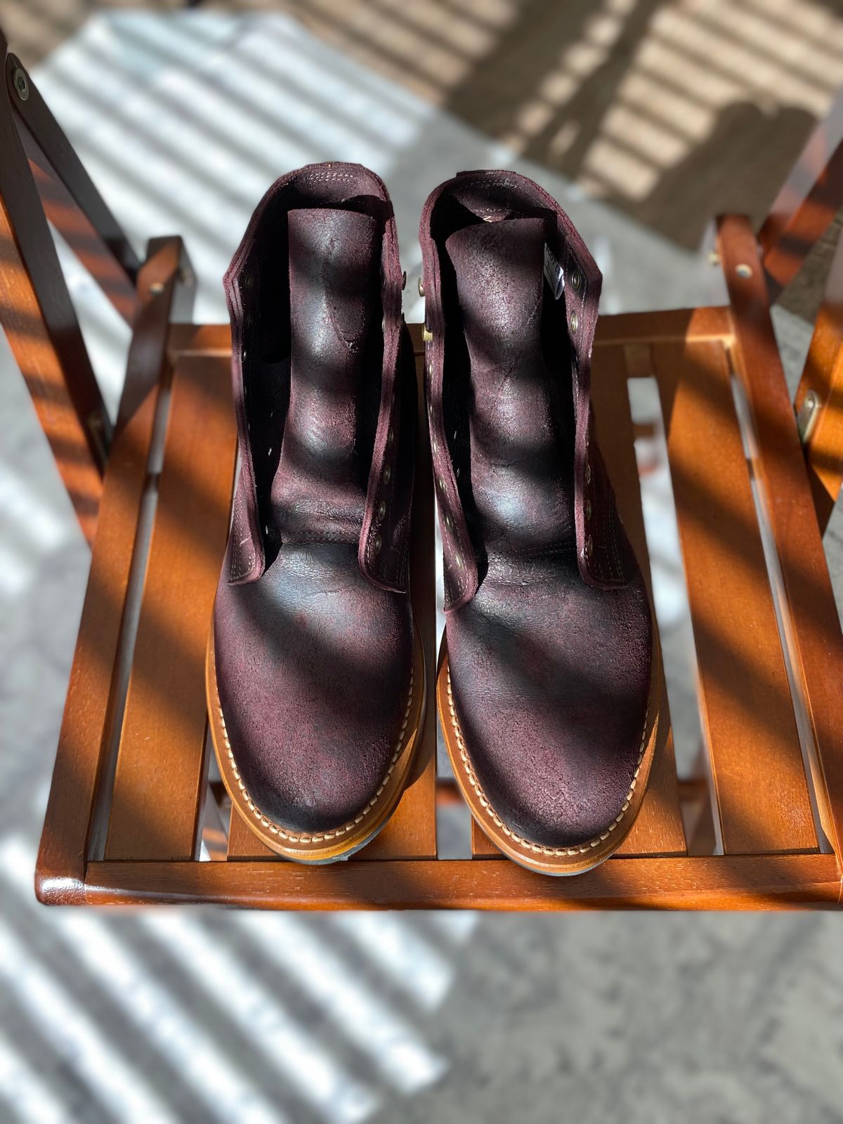 Photo by miguel__dominic on November 1, 2025 of the Truman Plain Toe Boot in C.F. Stead Garnet Rambler.