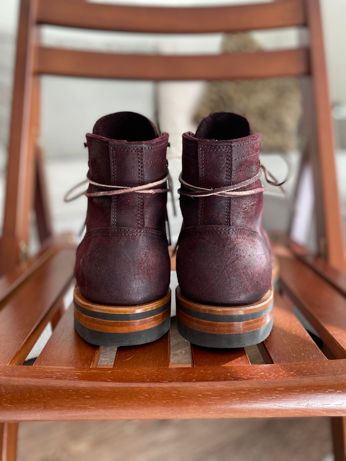 Photo by miguel__dominic on December 3, 2025 of the Truman Plain Toe Boot in C.F. Stead Garnet Rambler.