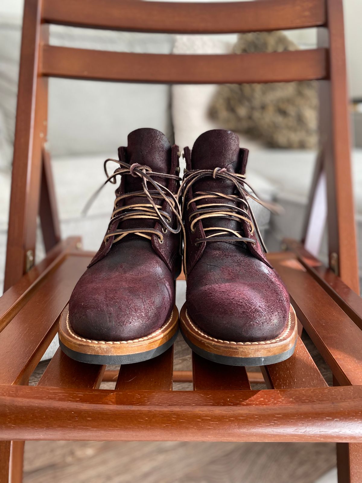 Photo by miguel__dominic on December 3, 2025 of the Truman Plain Toe Boot in C.F. Stead Garnet Rambler.