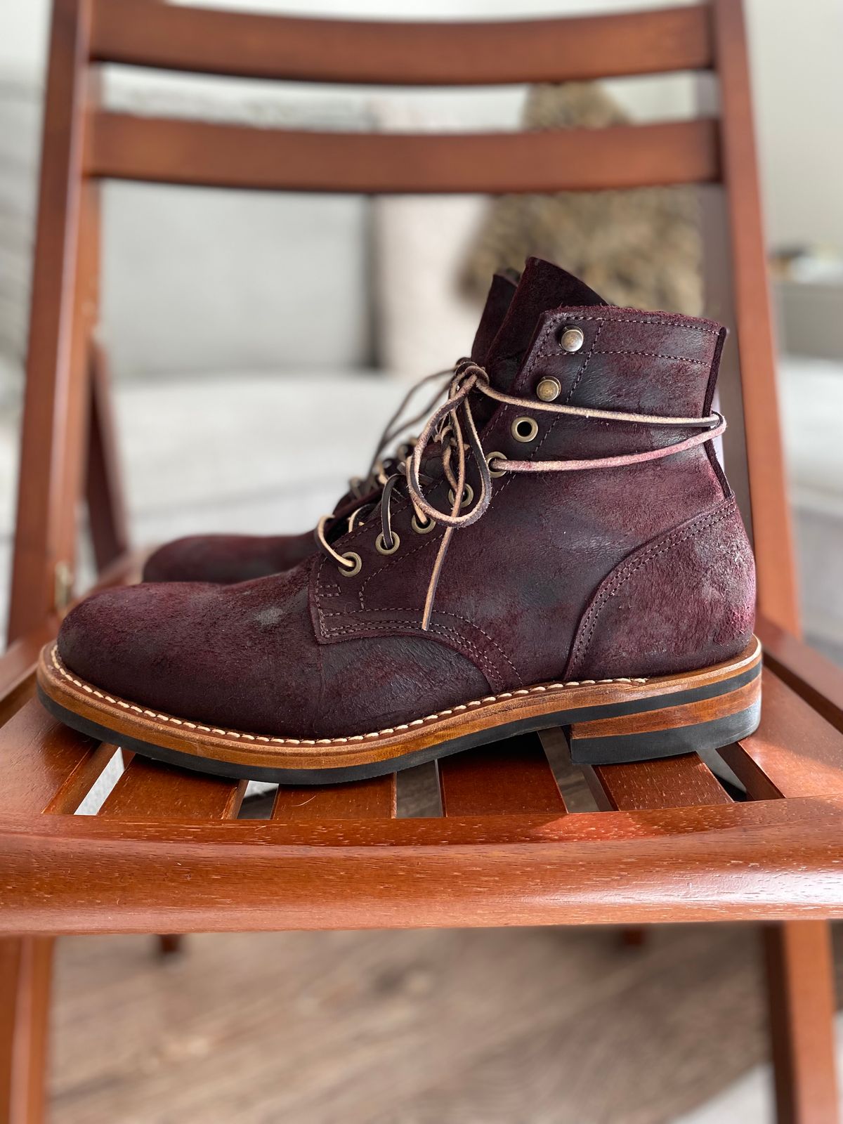 Photo by miguel__dominic on December 3, 2025 of the Truman Plain Toe Boot in C.F. Stead Garnet Rambler.