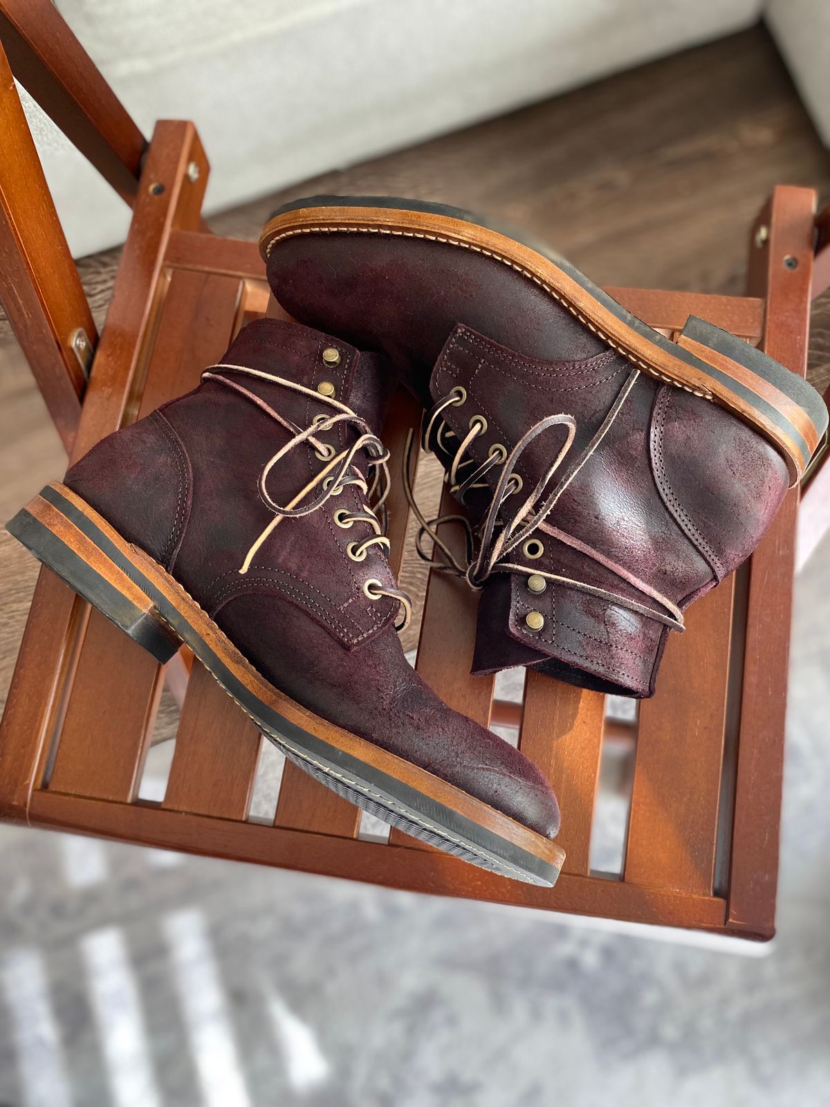 Photo by miguel__dominic on December 3, 2025 of the Truman Plain Toe Boot in C.F. Stead Garnet Rambler.