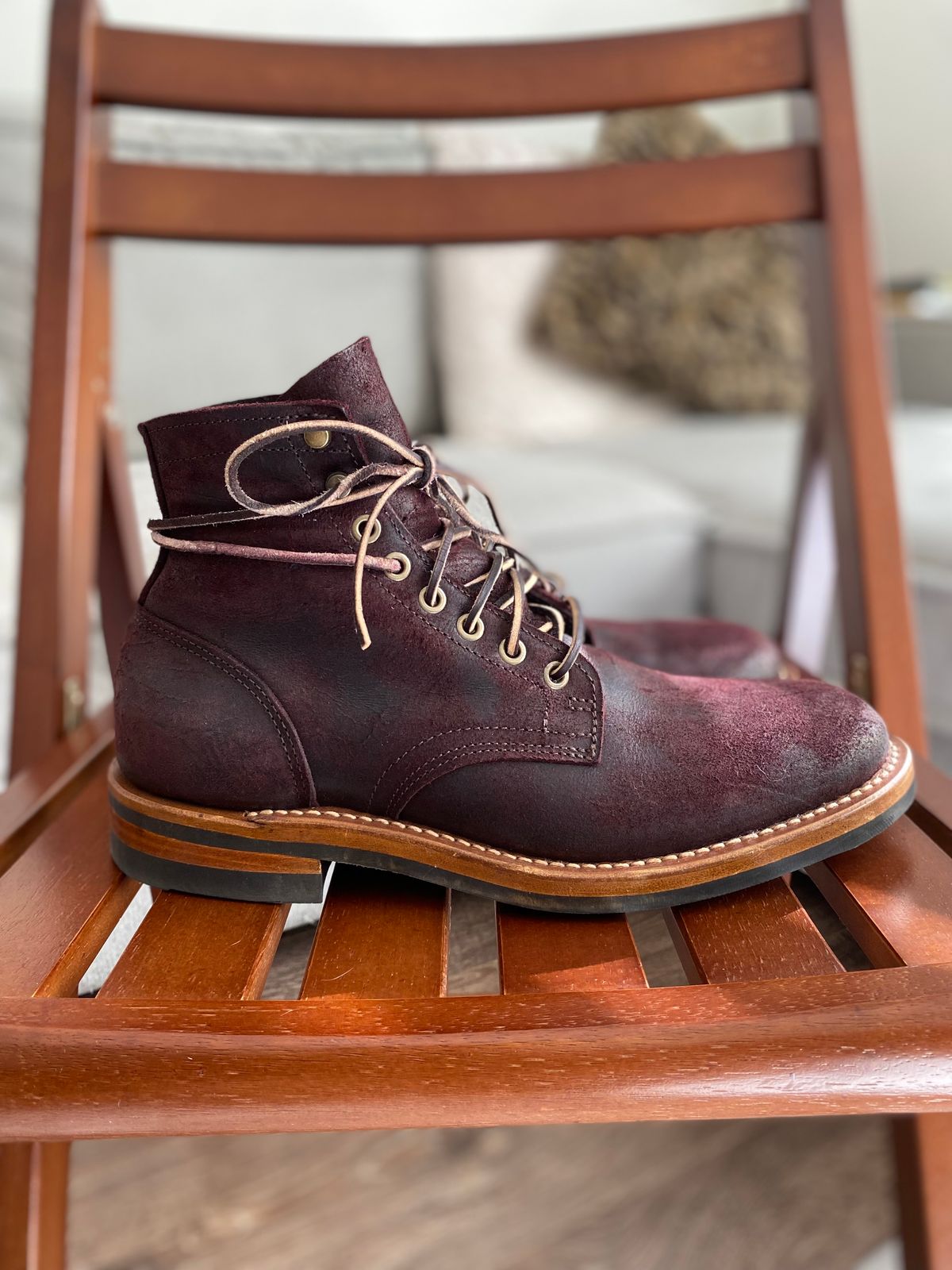 Photo by miguel__dominic on December 3, 2025 of the Truman Plain Toe Boot in C.F. Stead Garnet Rambler.