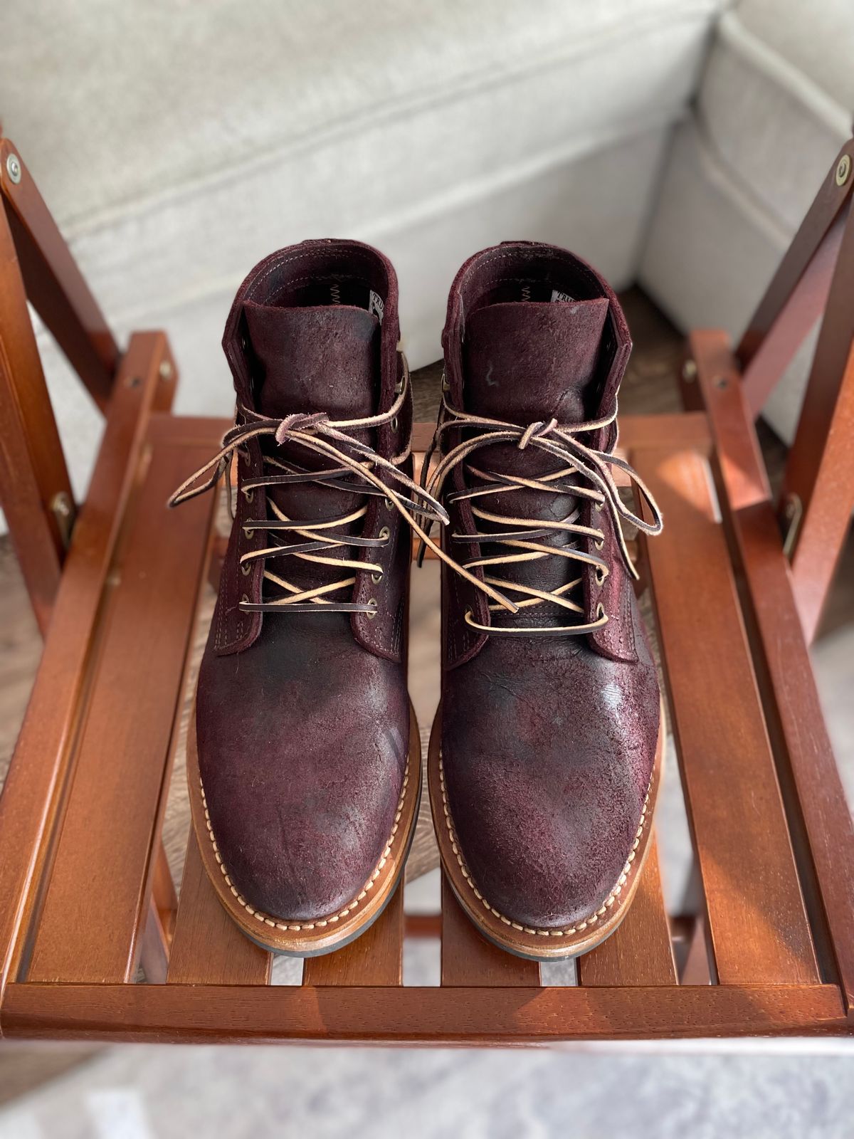 Photo by miguel__dominic on December 3, 2025 of the Truman Plain Toe Boot in C.F. Stead Garnet Rambler.