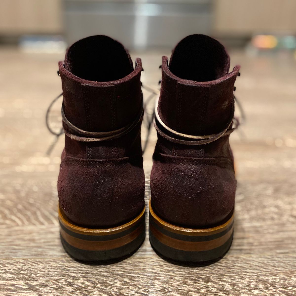 Photo by miguel__dominic on January 6, 2026 of the Truman Plain Toe Boot in C.F. Stead Garnet Rambler.