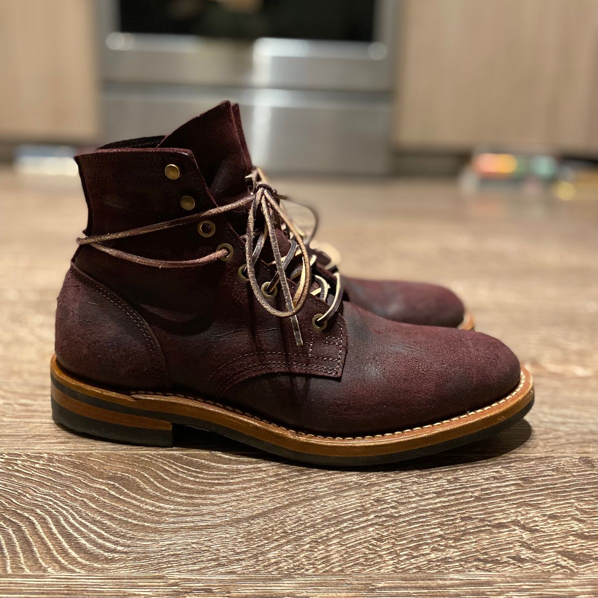 Photo by miguel__dominic on January 6, 2026 of the Truman Plain Toe Boot in C.F. Stead Garnet Rambler.