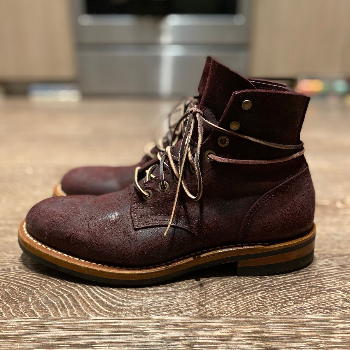 Photo by miguel__dominic on January 6, 2026 of the Truman Plain Toe Boot in C.F. Stead Garnet Rambler.