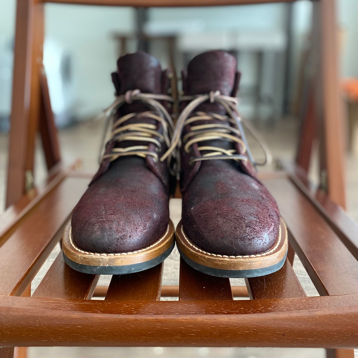 Photo by miguel__dominic on February 4, 2026 of the Truman Plain Toe Boot in C.F. Stead Garnet Rambler.