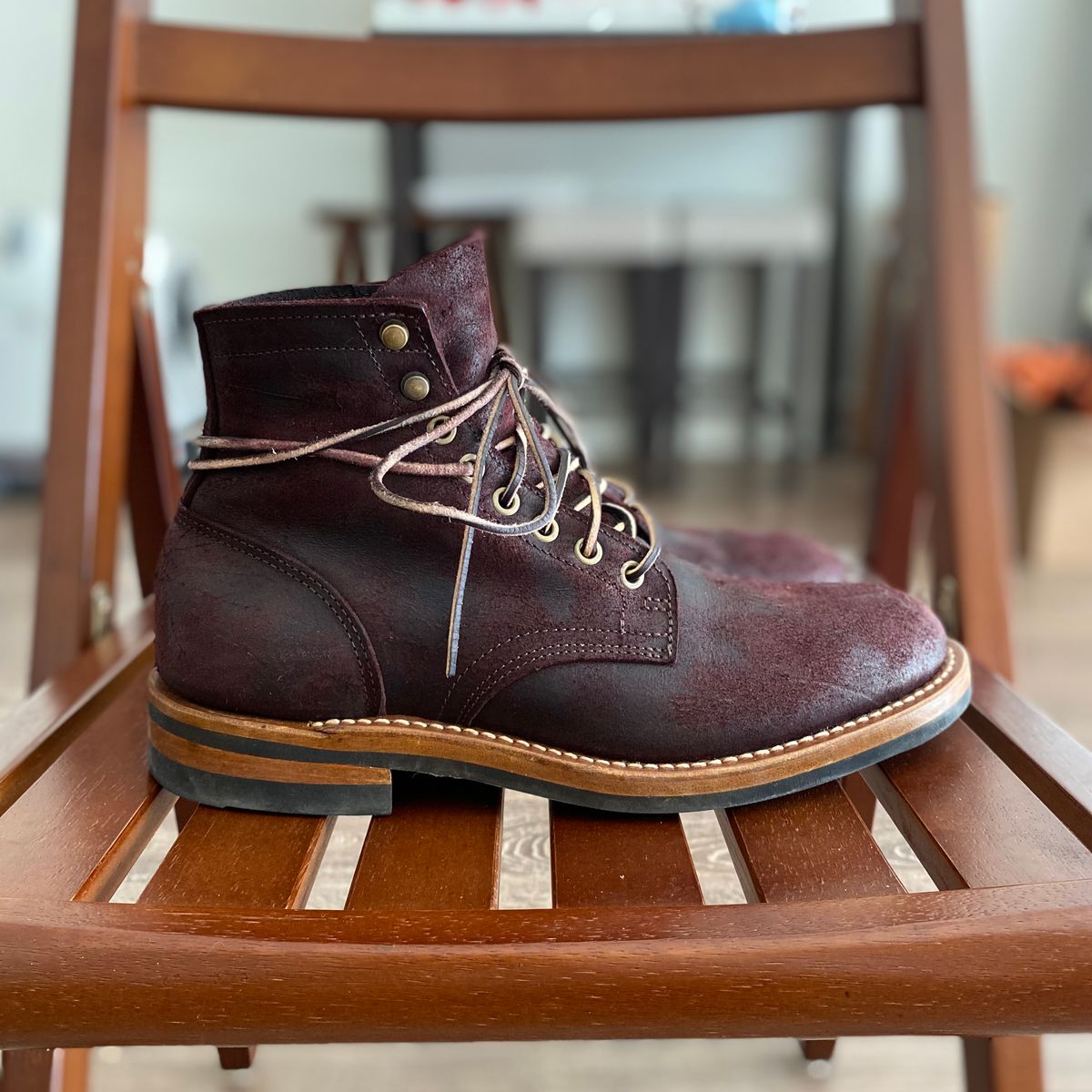 Photo by miguel__dominic on February 4, 2026 of the Truman Plain Toe Boot in C.F. Stead Garnet Rambler.