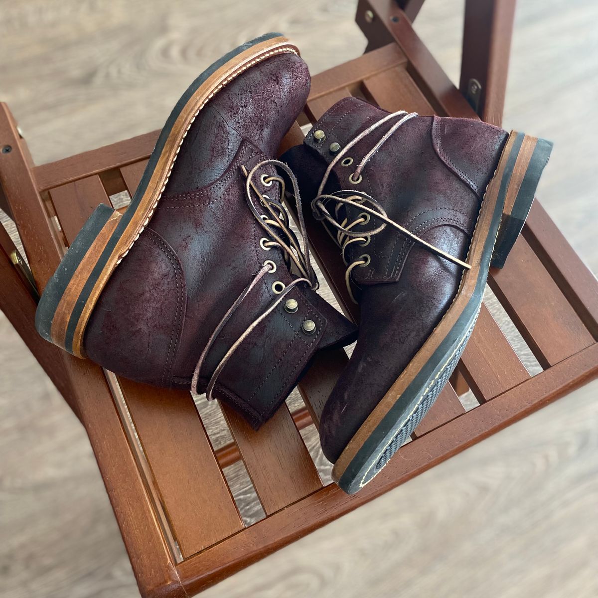 Photo by miguel__dominic on February 4, 2026 of the Truman Plain Toe Boot in C.F. Stead Garnet Rambler.