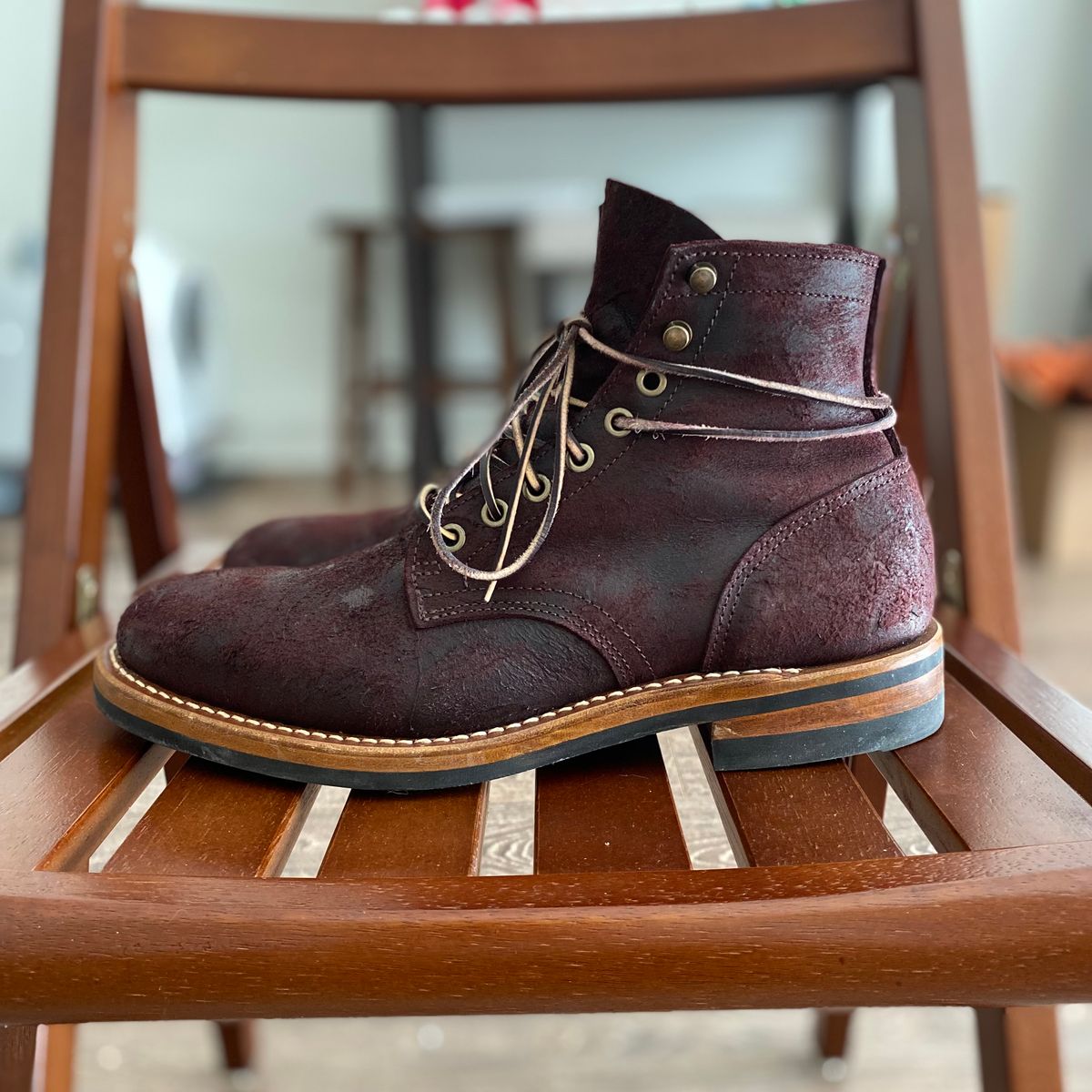 Photo by miguel__dominic on February 4, 2026 of the Truman Plain Toe Boot in C.F. Stead Garnet Rambler.