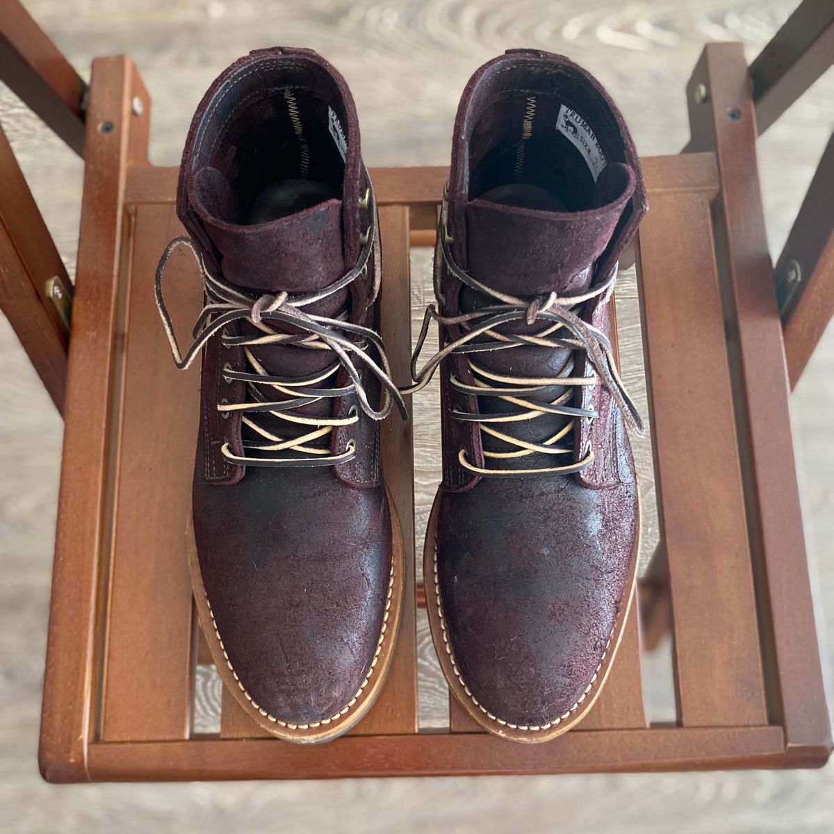 Photo by miguel__dominic on February 4, 2026 of the Truman Plain Toe Boot in C.F. Stead Garnet Rambler.