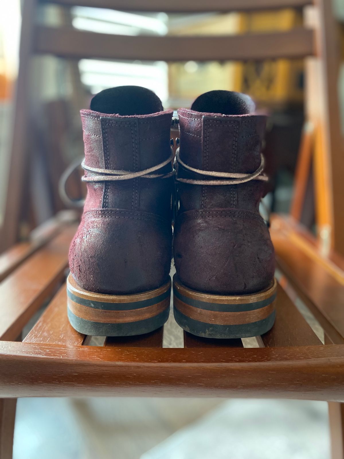 Photo by miguel__dominic on March 1, 2026 of the Truman Plain Toe Boot in C.F. Stead Garnet Rambler.