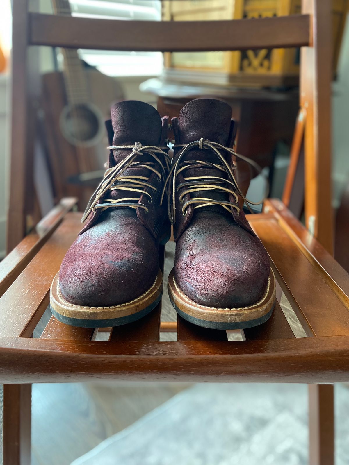 Photo by miguel__dominic on March 1, 2026 of the Truman Plain Toe Boot in C.F. Stead Garnet Rambler.