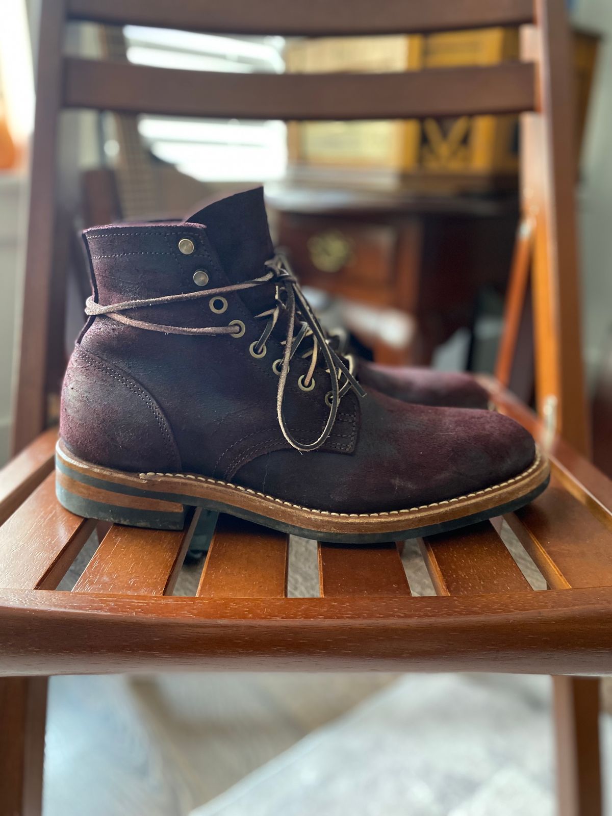 Photo by miguel__dominic on March 1, 2026 of the Truman Plain Toe Boot in C.F. Stead Garnet Rambler.