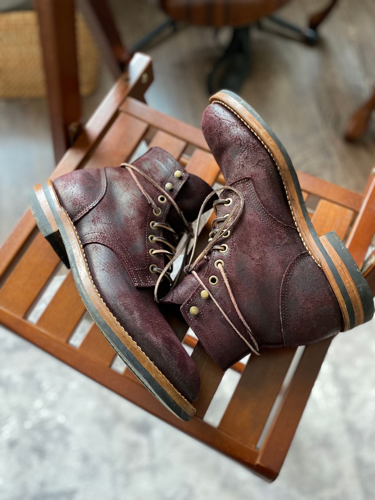 Photo by miguel__dominic on March 1, 2026 of the Truman Plain Toe Boot in C.F. Stead Garnet Rambler.