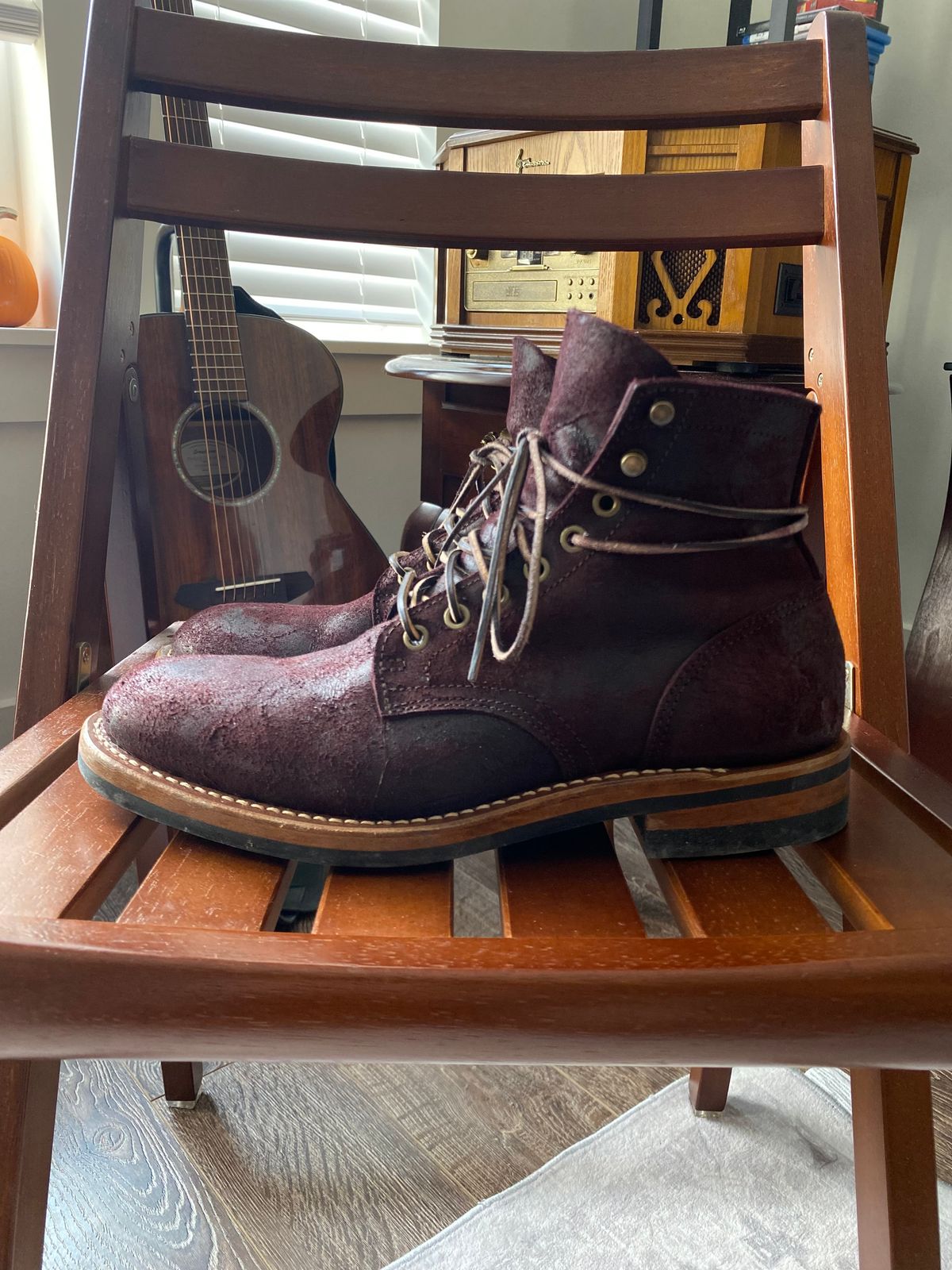 Photo by miguel__dominic on March 1, 2026 of the Truman Plain Toe Boot in C.F. Stead Garnet Rambler.