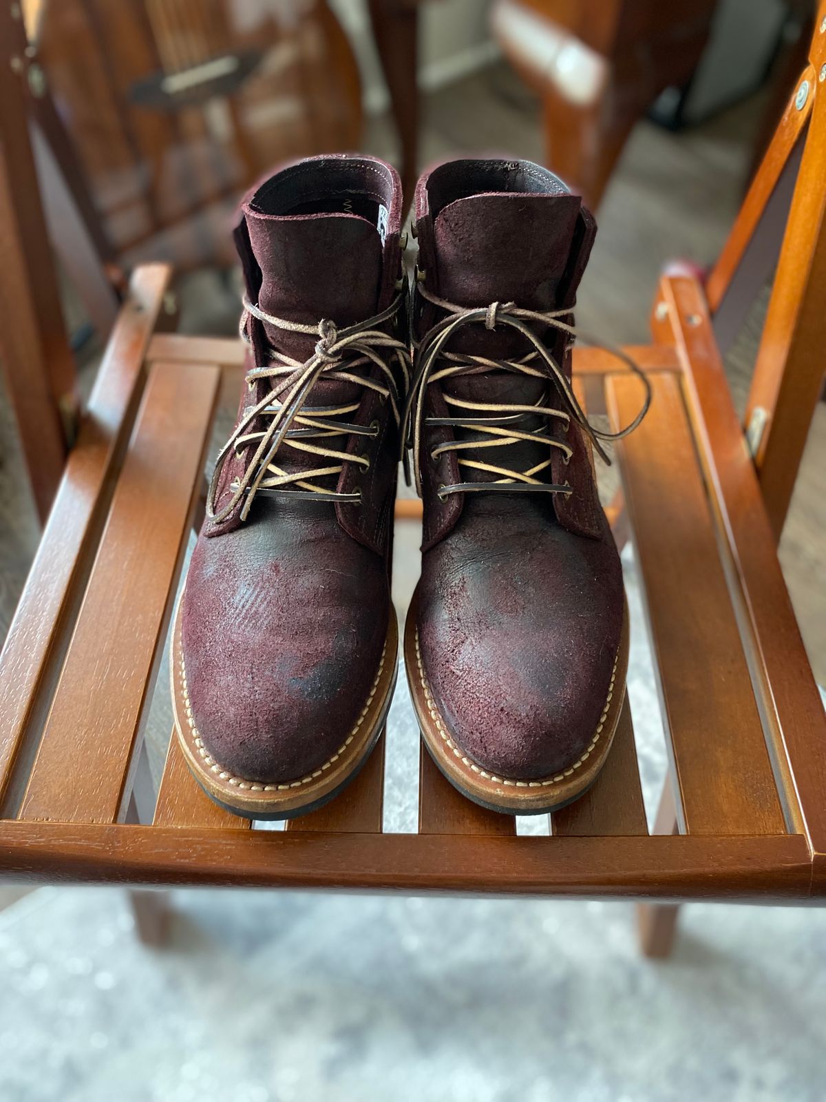 Photo by miguel__dominic on March 1, 2026 of the Truman Plain Toe Boot in C.F. Stead Garnet Rambler.