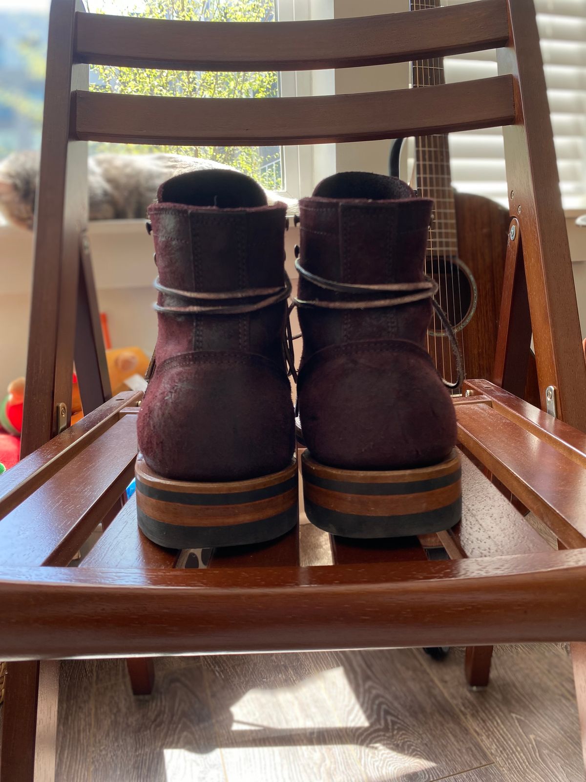 Photo by miguel__dominic on April 4, 2026 of the Truman Plain Toe Boot in C.F. Stead Garnet Rambler.