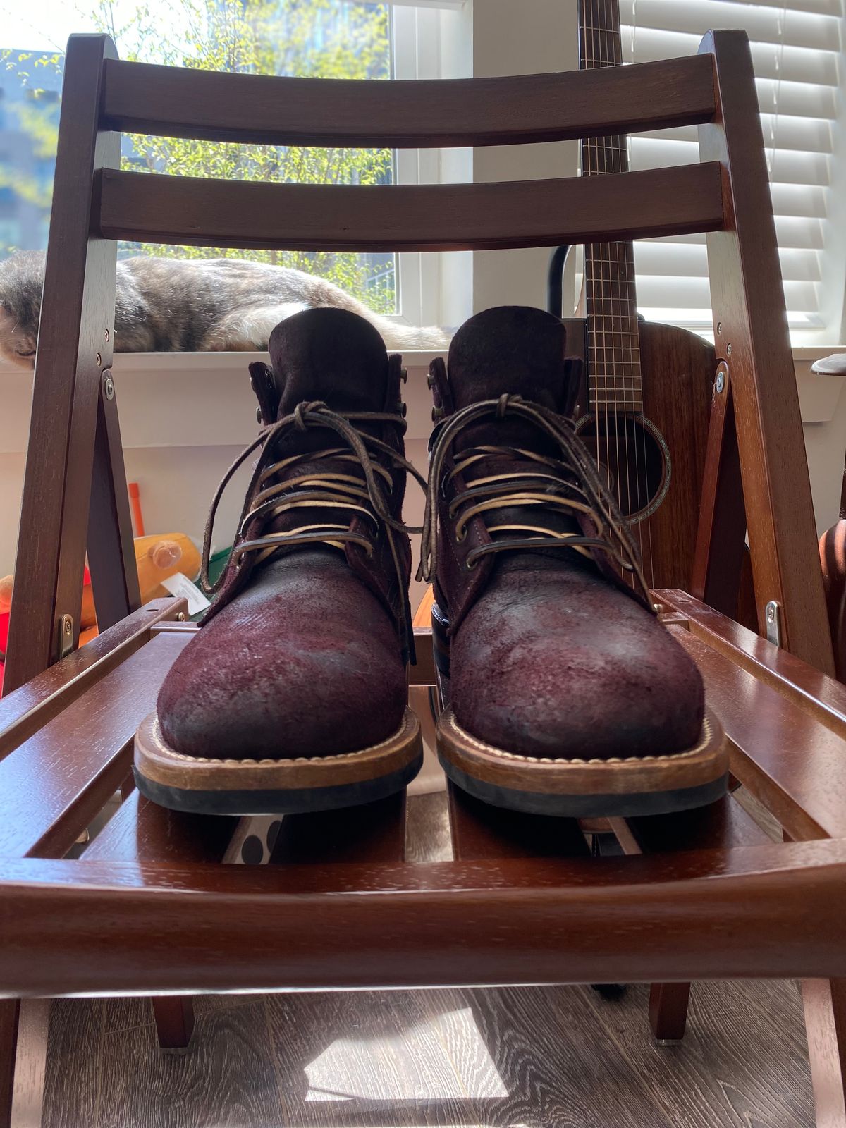 Photo by miguel__dominic on April 4, 2026 of the Truman Plain Toe Boot in C.F. Stead Garnet Rambler.