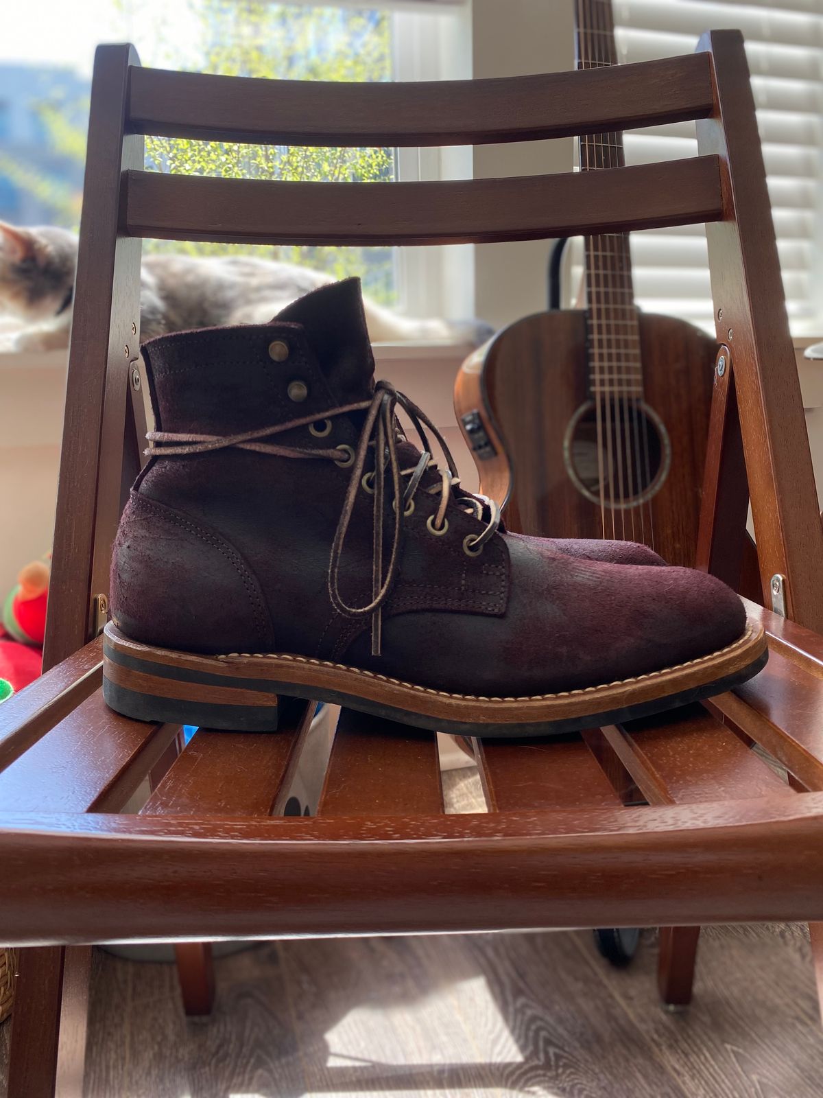 Photo by miguel__dominic on April 4, 2026 of the Truman Plain Toe Boot in C.F. Stead Garnet Rambler.