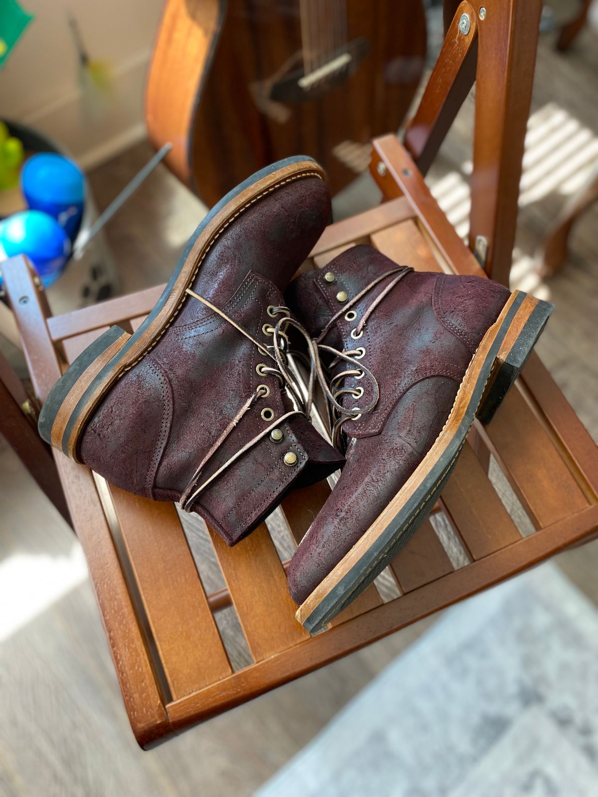 Photo by miguel__dominic on April 4, 2026 of the Truman Plain Toe Boot in C.F. Stead Garnet Rambler.