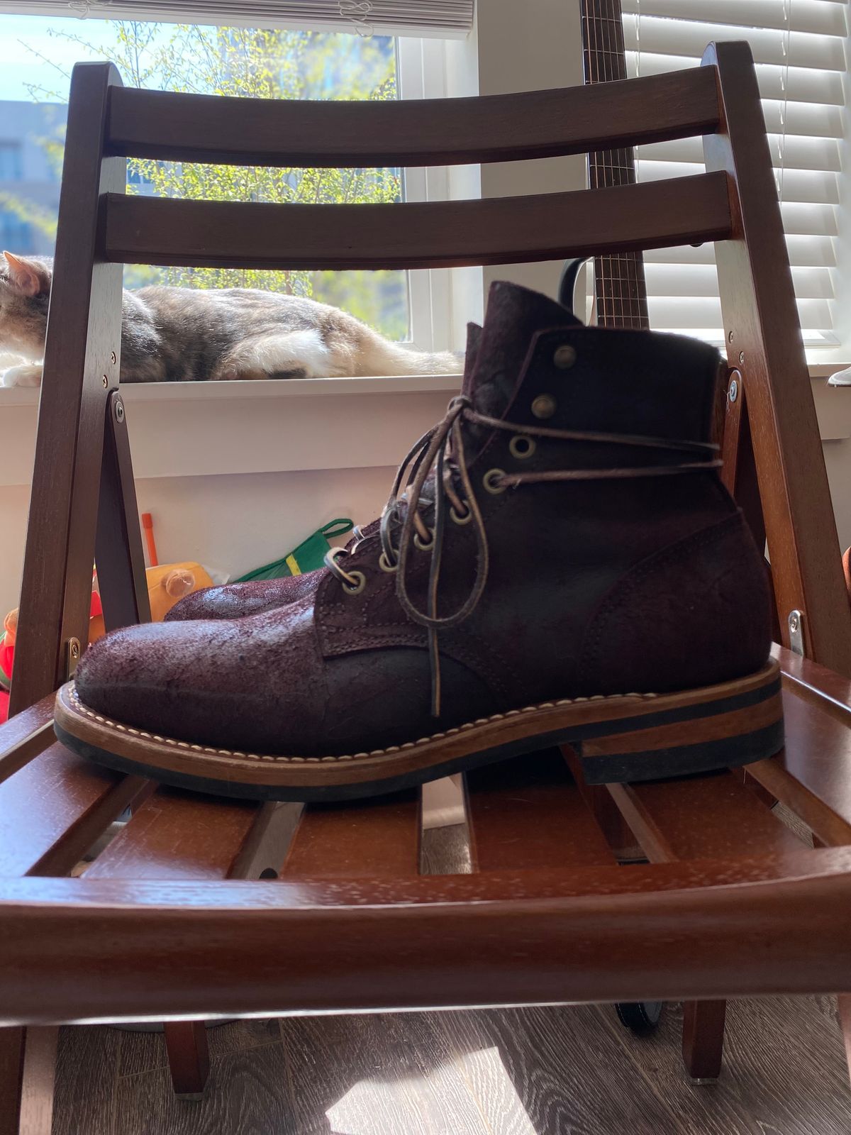 Photo by miguel__dominic on April 4, 2026 of the Truman Plain Toe Boot in C.F. Stead Garnet Rambler.