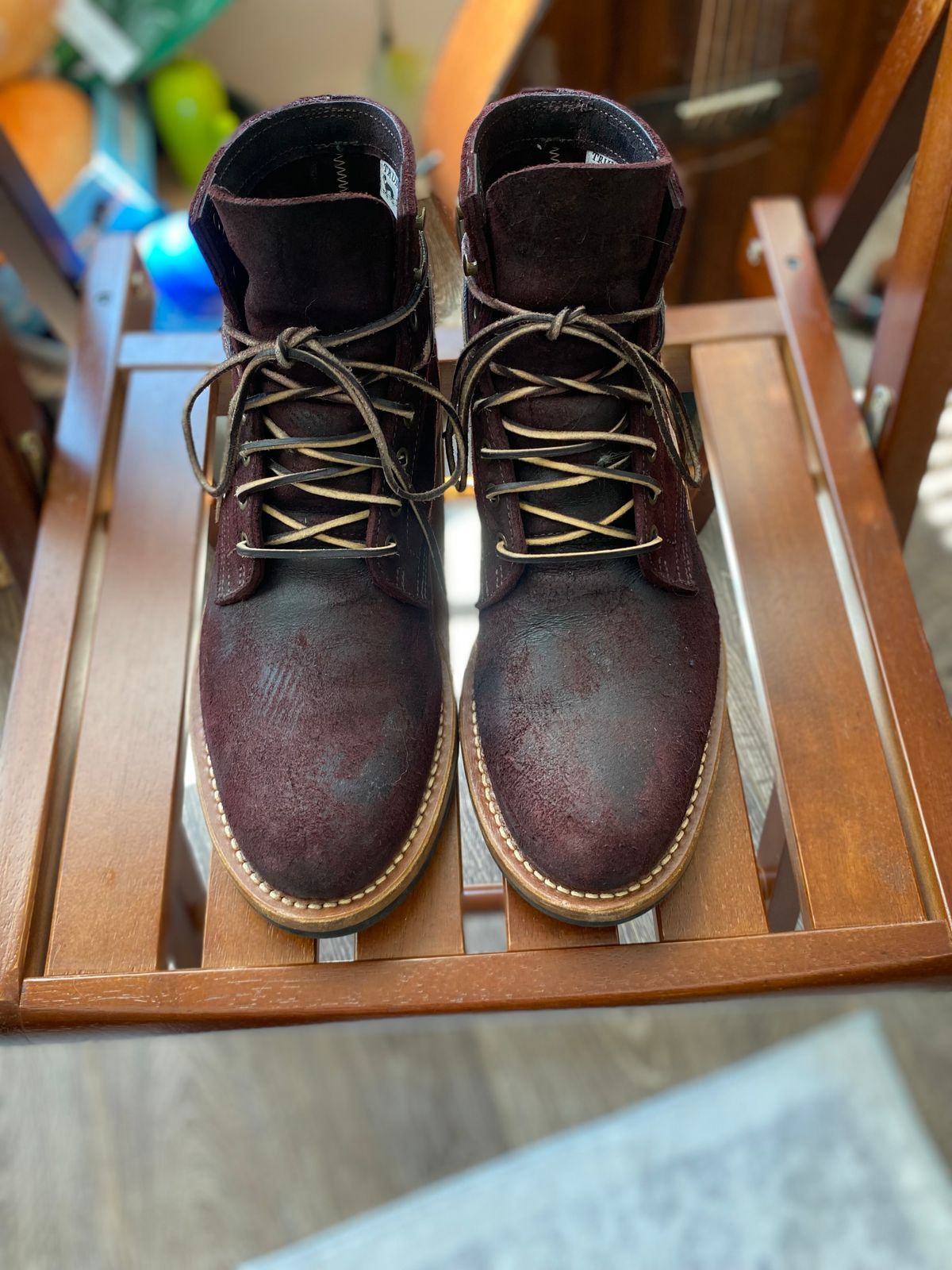 Photo by miguel__dominic on April 4, 2026 of the Truman Plain Toe Boot in C.F. Stead Garnet Rambler.