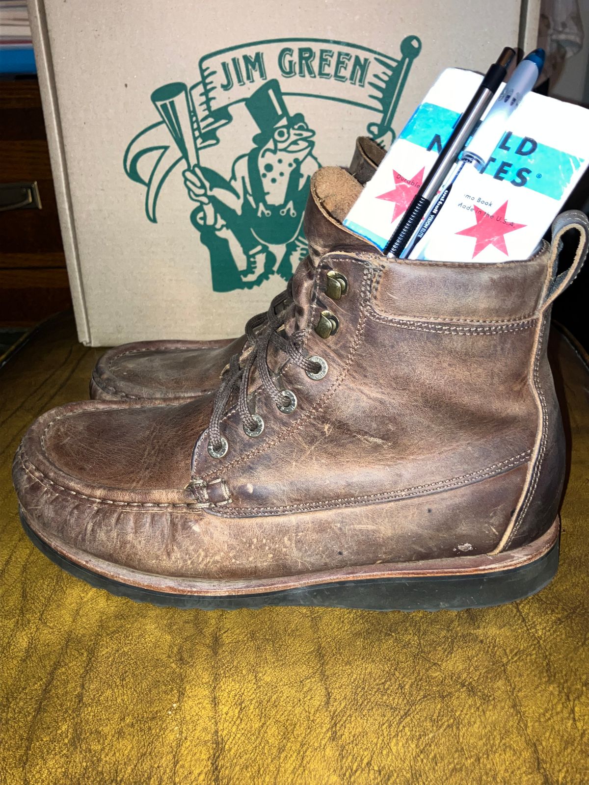 Photo by sigben59 on November 2, 2025 of the Jim Green Meander – Moc-Toe in Bronco Brown - Oily Pull Up.