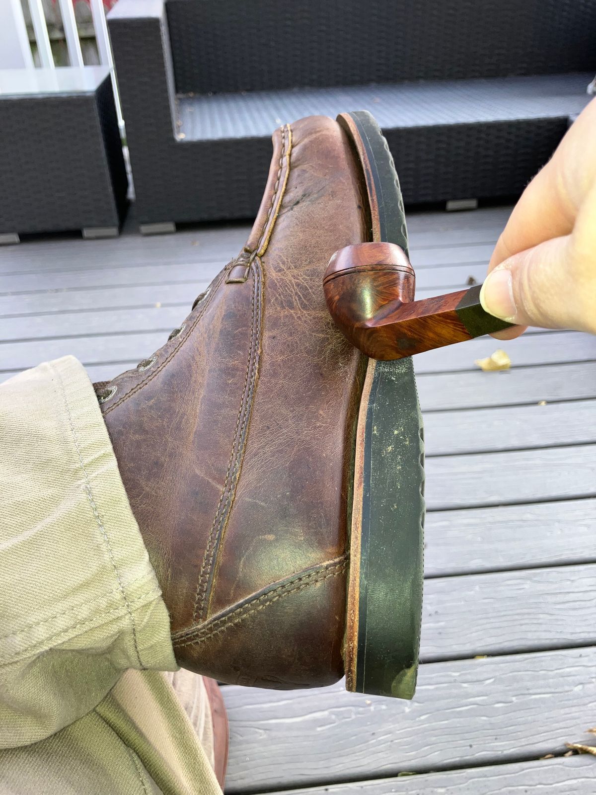 Photo by sigben59 on November 6, 2025 of the Jim Green Meander – Moc-Toe in Bronco Brown - Oily Pull Up.