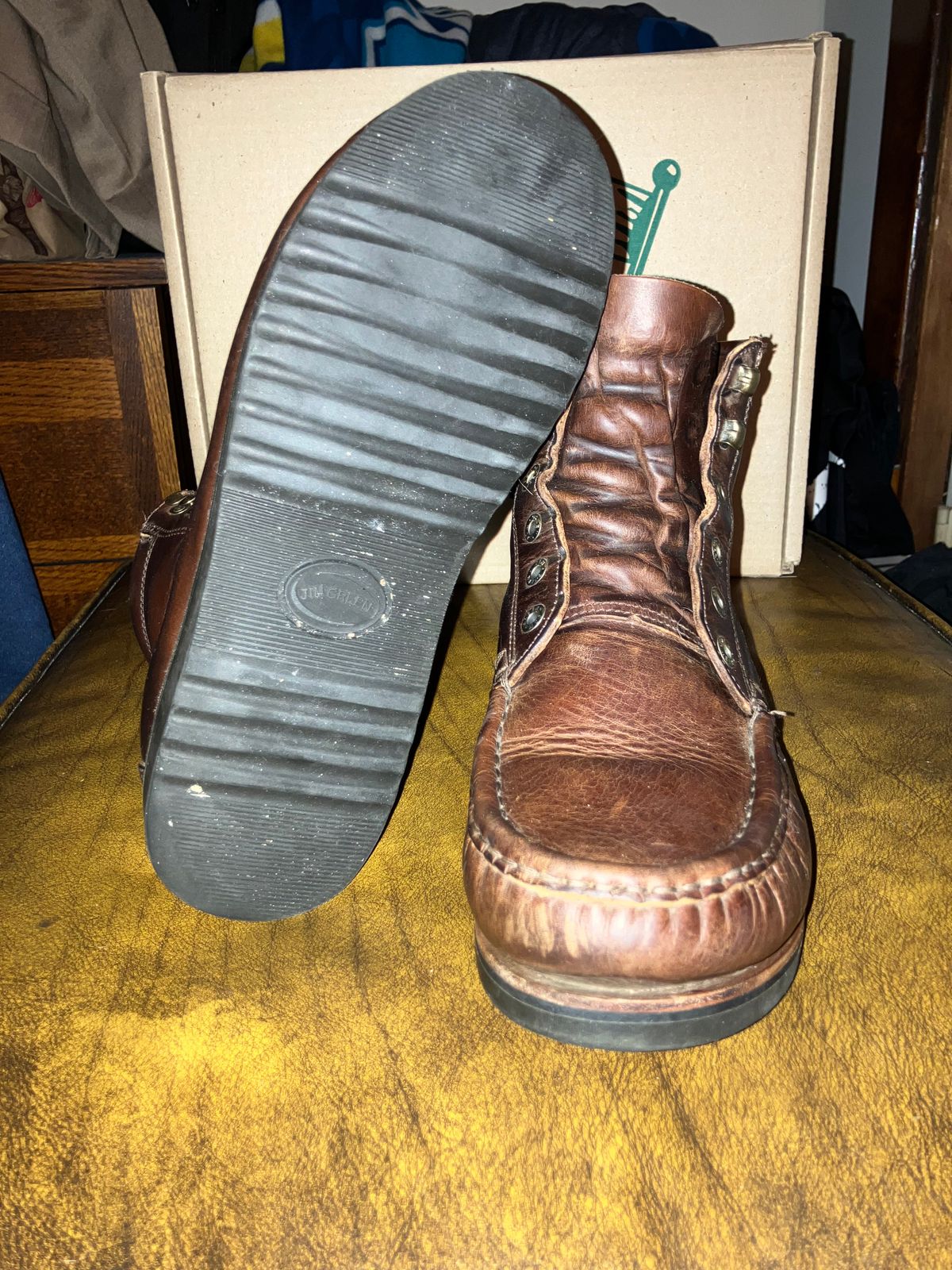 Photo by sigben59 on January 5, 2026 of the Jim Green Meander – Moc-Toe in Bronco Brown - Oily Pull Up.